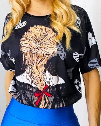 Tricou bumbac Swing, cu imprimeu grafic si rejansa elastica in talie, Negru