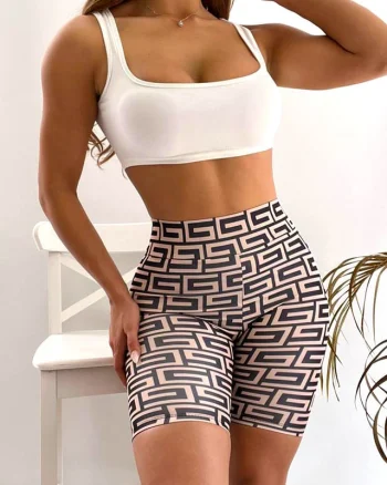 Colanti scurti fitness Ethan, cu banda modelatoare in talie si imprimeu variat, Bej Maze