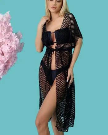 Cardigan pentru plaja Brigitte, din plasa, Negru