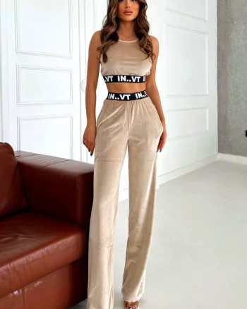 Compleu catifea Talya, din doua piese, bustiera si pantaloni lejeri cu banda elastica, Crem