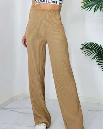 Pantaloni lejeri OTY, cu croi evazat si banda elastica in talie, Crem