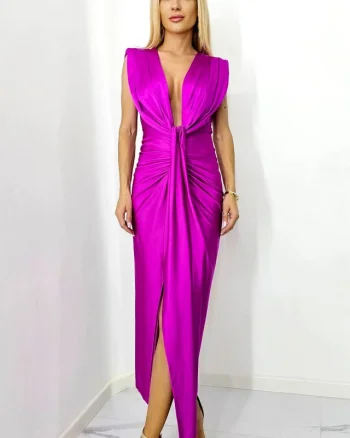 Rochie satinata Ilaria, croiala conica si decolteu adanc, Fucsia, Marime S/M