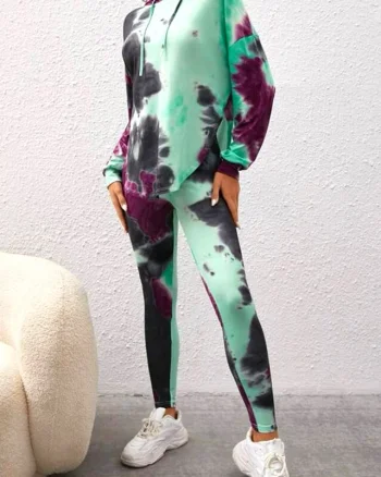 Compleu sport Fussion, cu imprimeu pastel, colanti si bluza lunga cu gluga, Verde