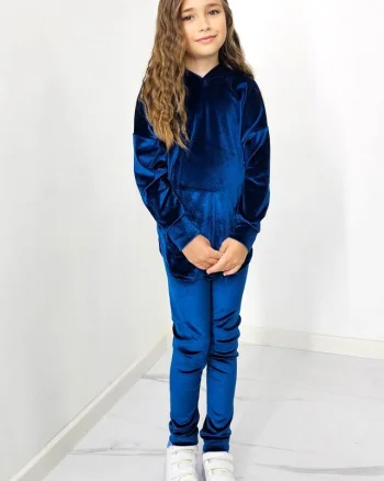 Compleu casual, Zoya Kids, din catifea, cu pantaloni slim si bluza cu gluga, Albastru