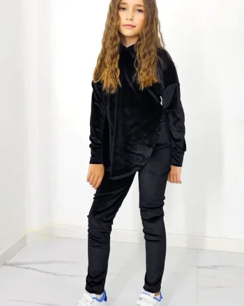 Compleu casual, Zoya Kids, din catifea, cu pantaloni slim si bluza cu gluga, Negru