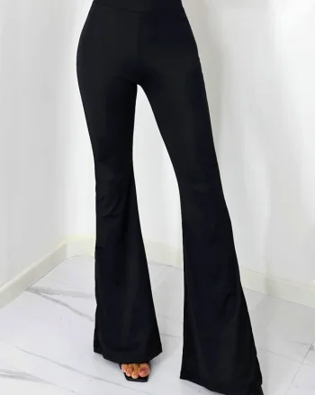 Pantaloni lycra office de dama, Natalie, cu talie inalta , evazati, Negru