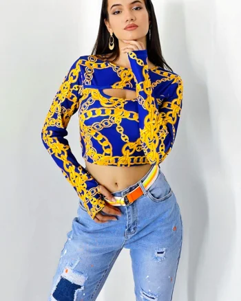 Bluza crop Sienna, cu decolteu decupat si maneca cu fenta/deget, Blue Chain