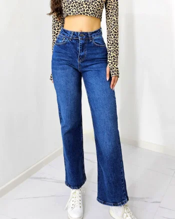 Blugi mom fit Riko, cu talie inalta, croi drept si fara elastan, Albastru denim