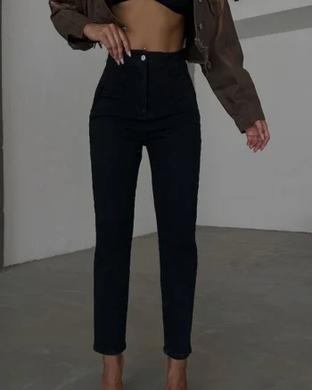 Blugi dama YoKo, slimfit cu talie inalta si buzunare decorative, Negru