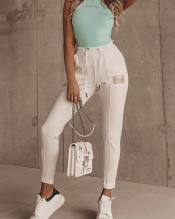 Pantaloni sport WeiLy, croiala conica si dunga, Alb