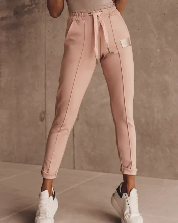Pantaloni sport WeiLy, croiala conica si dunga, Roz