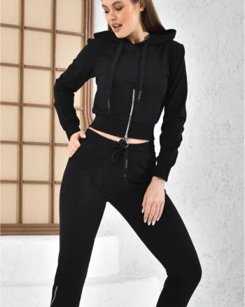 Compleu sport dama, Shary, pantaloni cu fermoar in partea inferioara si bluza cu gluga, Negru
