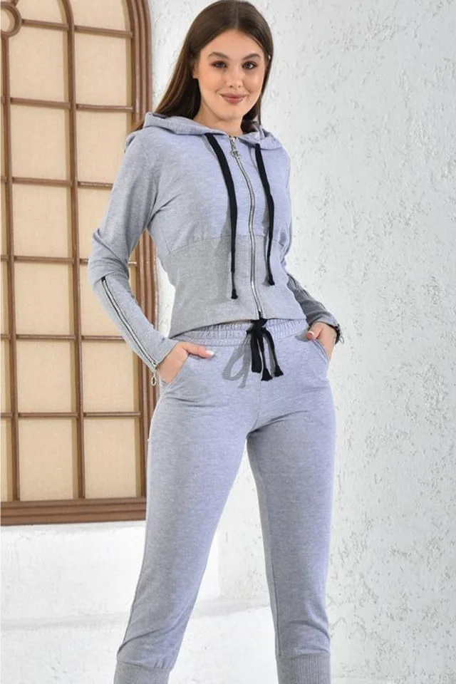 Trening Yuki, cu pantaloni si bluza accesorizate cu fermoare, Gri