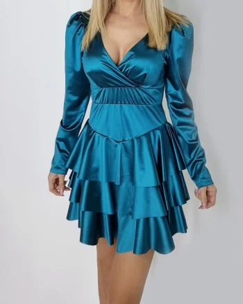 Rochie satinata Claire, cu volane si maneci lungi usor bufante, Albastru metalic, Marime S/M