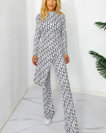 Compleu casual, Agathea, pantaloni tetra evazati si bluza lunga asimetrica, White Disco