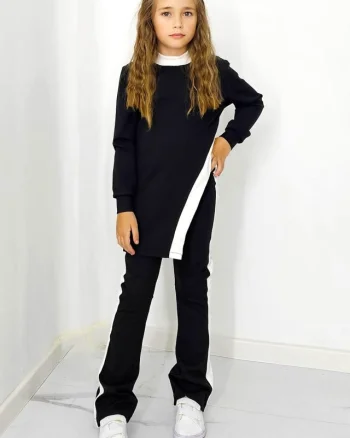 Compleu casual, Agathea Kids, pantaloni tetra evazati si bluza lunga asimetrica, Negru/Alb