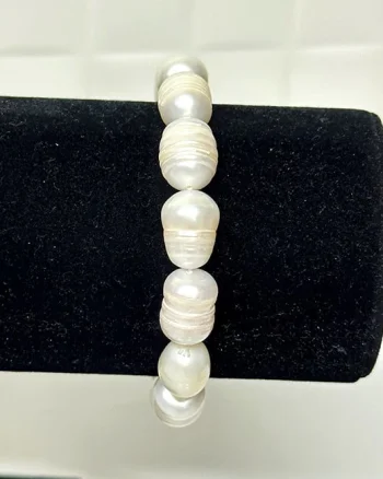 Bratara dama Classy, elastica, cu perle mari de cultura, Alb unt