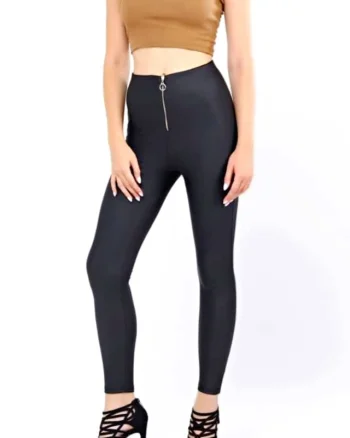 Colanti fitness Velly, piele eco, cu fermoar si aspect mat, Negru