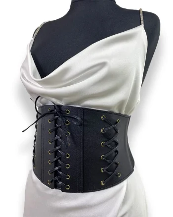 Centura corset Glam neagra, lata, din piele ecologica, elastica, cu snururi