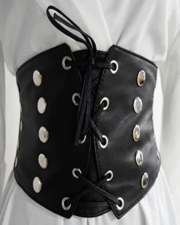 Centura corset Glam neagra, lata, din piele ecologica, elastica, cu snururi si capse