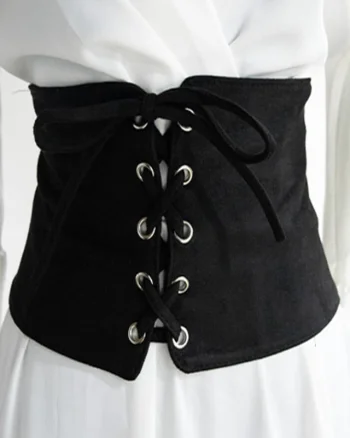 Centura corset Sanda neagra, lata, din piele intoarsa, cu banda elastica si snururi