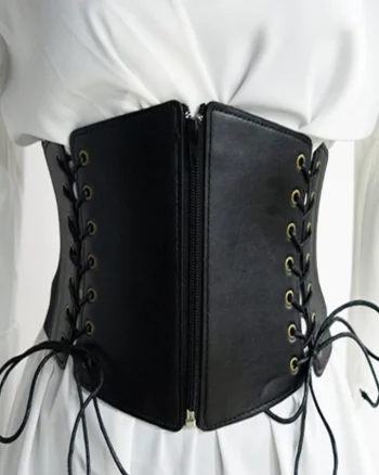 Centura corset Demy neagra, lata, din piele ecologica, cu banda elastica, snururi si fermoar