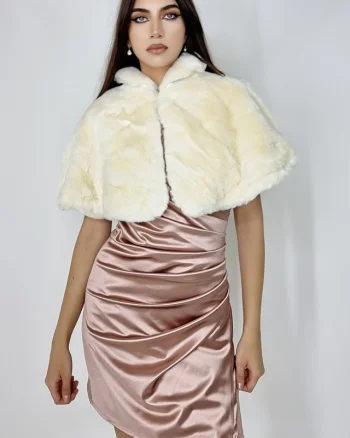 Capa tip bolero Savina, din blana ecologica, cu guler inalt, Alb unt, Marime universala S/M