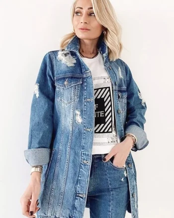 Geaca denim lunga DiSonia, cu perforatii pe toata linia croielii