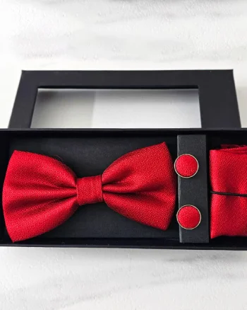 Set 3 piese Gentleman, pentru barbati, papion, buton si batista din stofa, Rosu