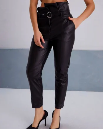 Pantaloni casual Angy din piele ecologica, cu paperbag in talie si cordon, Negru