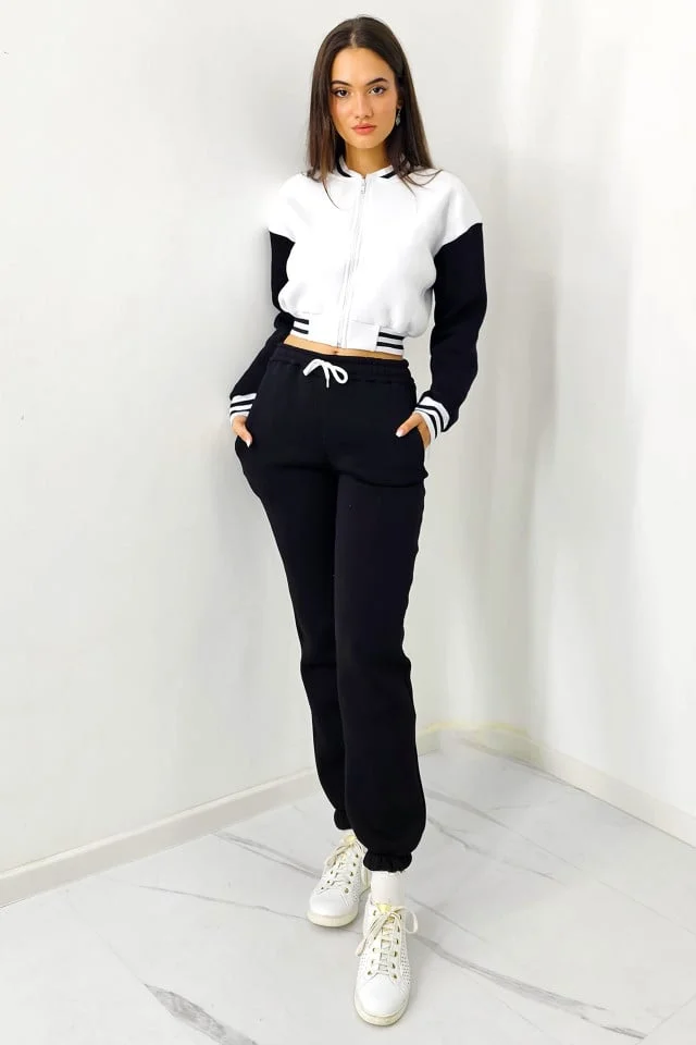 Trening bumbac vatuit College, bluza scurta cu fermoar si pantaloni, Negru