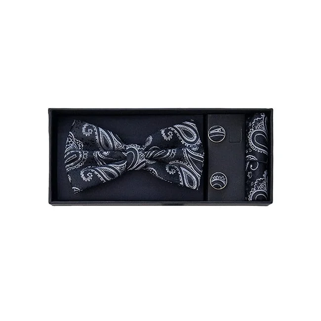Set 3 piese Mistery, pentru barbati, papion, butoni si batista din stofa, negru cu imprimeu alb , MS109