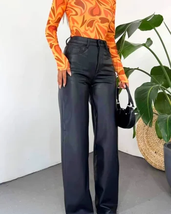 Pantaloni vatuiti Madison, din piele ecologica, cu buzunare si croi Large, Negru