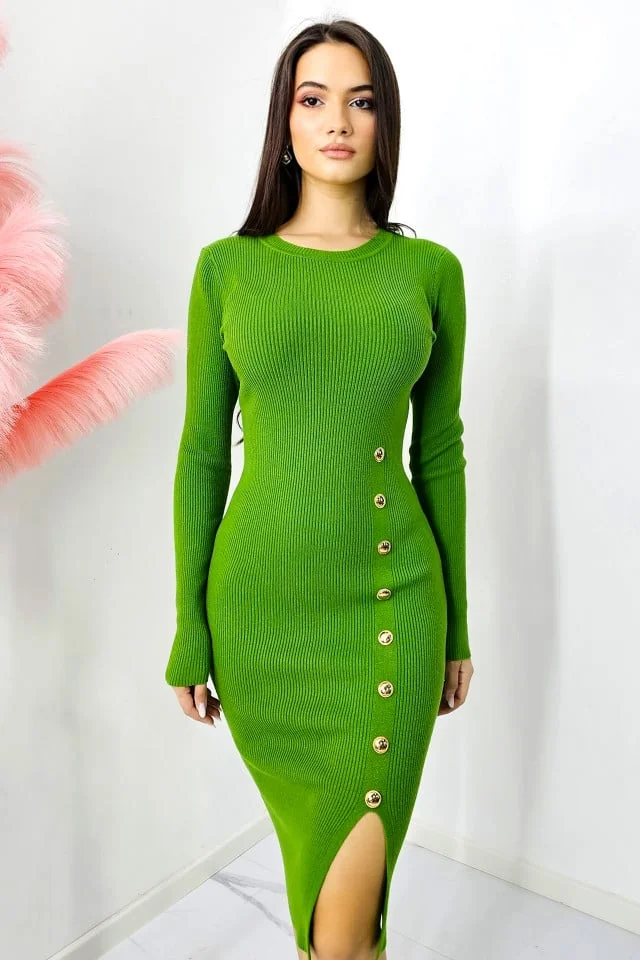 Rochie bodycon KLarisa, tetra, cu crapatura si nasturi decorativi, Olive
