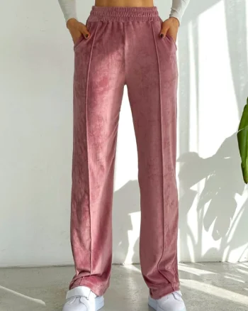 Pantaloni de catifea Touch, croiala lejera cu dunga pe picior, Roz
