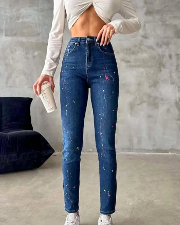 Blugi dama, Splash Paint, croiala elastica boyfriend cu detalii cromatice, Albastru