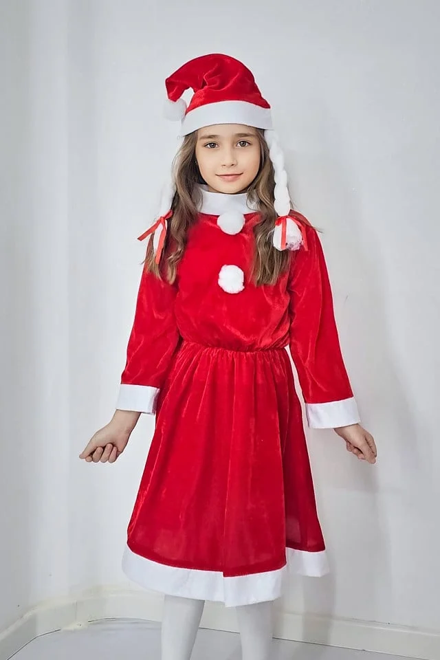 Set rochie Craciunita din catifea, Missy Claus, cu caciula si codite, Marime 3-5 ani