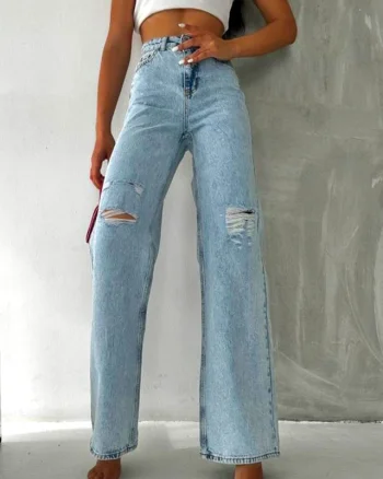 Blugi mom fit LIKE Different, cu talie inalta si taieturi ample, Albastru deschis