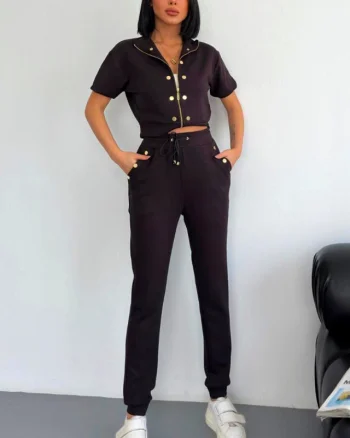 Compleu casual NonCom, bluza lejera cu maneca scurta si pantaloni cu snur, Negru
