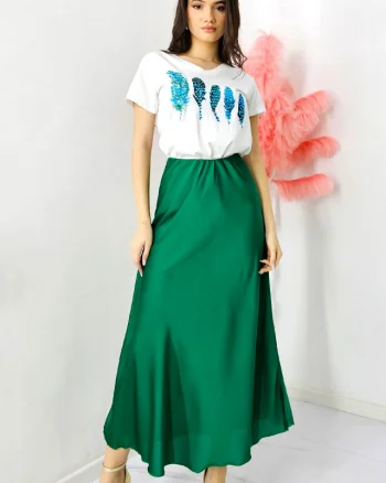 Fusta eleganta Penelope, cu textura satinata si croi lung, Verde, Marime S/M/L