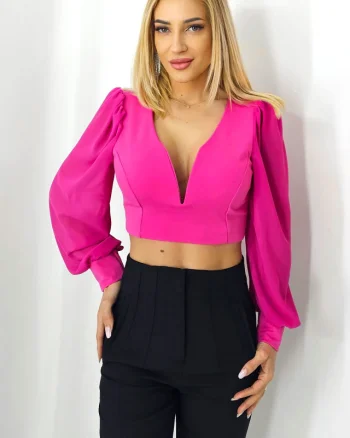 Top scurt Katarina, cu maneci bufante, Fucsia, Marime S/M