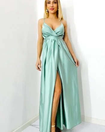 Rochie satinata Jhade, croiala decupata, cordon si bretele subtiri, Vernil, Marime S/M