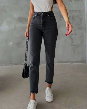 Blugi mom slimfit Colombo, cu perforatii la baza piciorului si talie inalta, Negru antracit