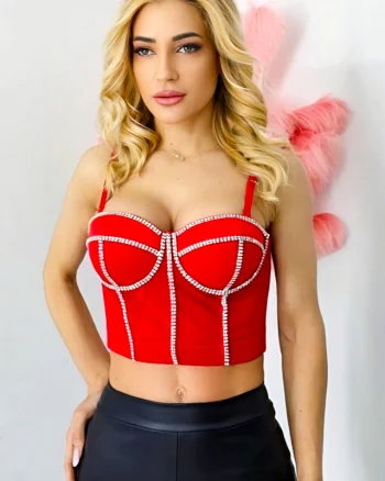 Corset YUKA, cu cristale artizanale, balene metalice si efect de push-up, Rosu