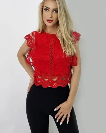 Camasa fara maneca Ryna din dantela, Rosu, Marime S/M