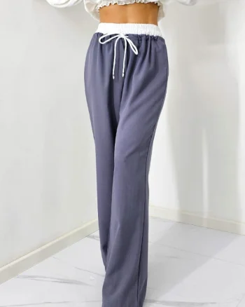 Pantaloni casual ALEF, croiala wide leg si snur in talie, Gri inchis, Masura S/M/L