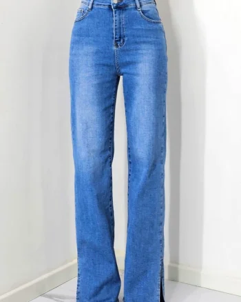 Blugi mom fit MonTery, cu slit scurt pe picior si lungime oversize, Albastru prespalat