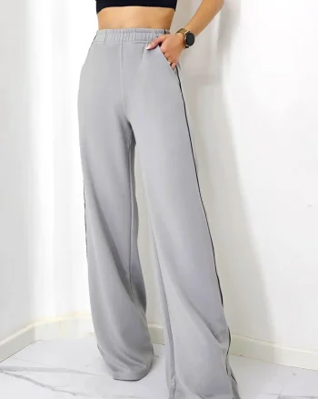 Pantaloni casual Sabyna, cu dungi laterale si croiala wide leg, Gri