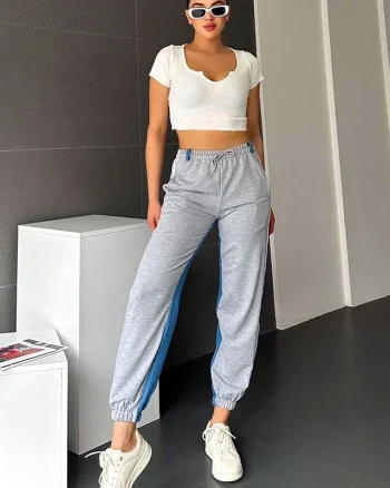 Pantaloni hibrid Geroko, cu dungi si buzunare laterale, Gri