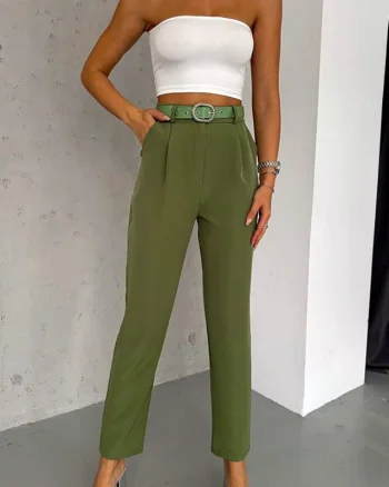 Pantaloni eleganti Malon, cu pense si curea asortata, Verde